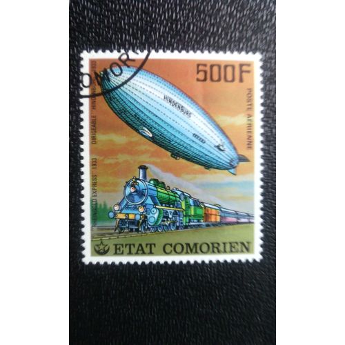 Timbre Comores ( Yt Pa 122 ) 1977 Dirigeable «Hindenburg» Et Train «Rheingold Express»
