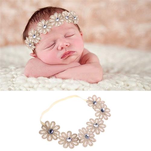 Bandeau cheveux bébé fille headband naissance élastique beige fleur strass