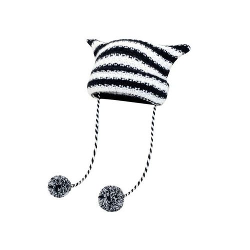 Bonnet Skullies À Longues Oreilles Pour Femme Chapeau Japonais Y2k Petits Bonnets Rayés Oreilles De Chat Mignonnes Chapeau De Noël En Laine Hiver