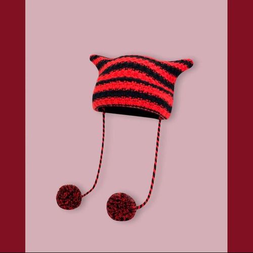 Bonnet Skullies À Longues Oreilles Pour Femme Chapeau Japonais Y2k Petits Bonnets Rayés Oreilles De Chat Mignonnes Chapeau De Noël En Laine Hiver