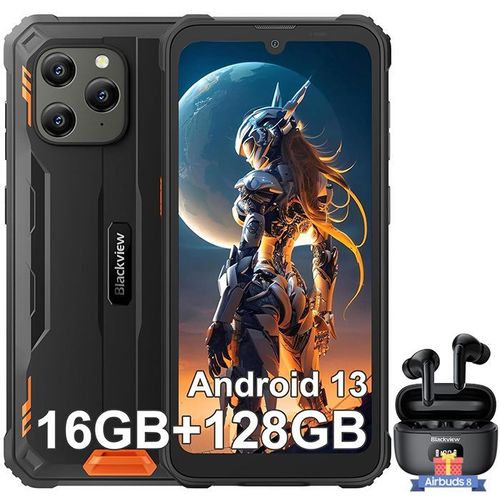 Smartphone Incassable Blackview BV5300 Plus 6,1" 16Go+128Go Android 13 Orange avec Écouteurs Bluetooth Blackview Airbuds8(Noir)
