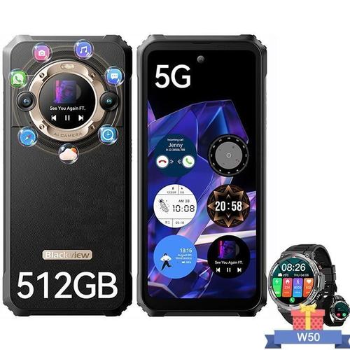 Blackview BL9000 Smartphone Incassable 5G Double Écran 24Go+512Go 6.78" 50MP Android 13 Or avec Smartwatch W50(Noir)