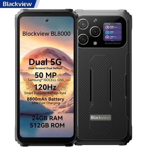 Blackview BL8000 Téléphone Portable Incassable Débloque 5G 24Go+512Go 6.78" 8800mAh 50MP+16MP Android 13 WiFi6 - Noir