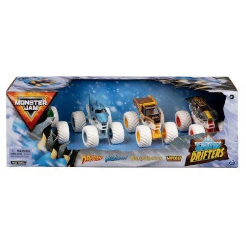 Pack 4 Vehicules Snow Drifters Monster Jam : Dragon, Megalodon, Earth Shaker, Max-D - Die Cast Metal, 1:64 - Set Trucks + Carte