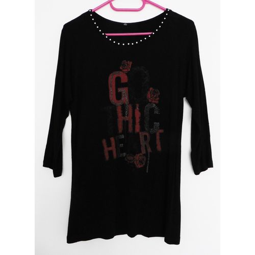 T-Shirt Noir Manches Longues. Imprimé Fleurs. Strass. Polyester. Elasthanne. 14 / 16 Ans