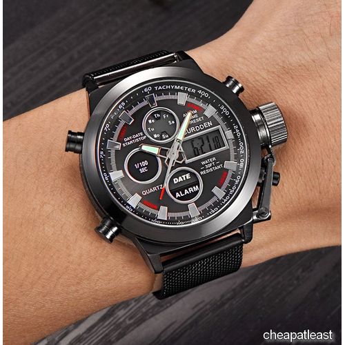 Superbe Montre Look Sport Style Militaire - Double Affichage / Chronomètre / Alarme / Bracelet En Mailles D'acier Inoxydable Noir / Homme / Luxe / Mode