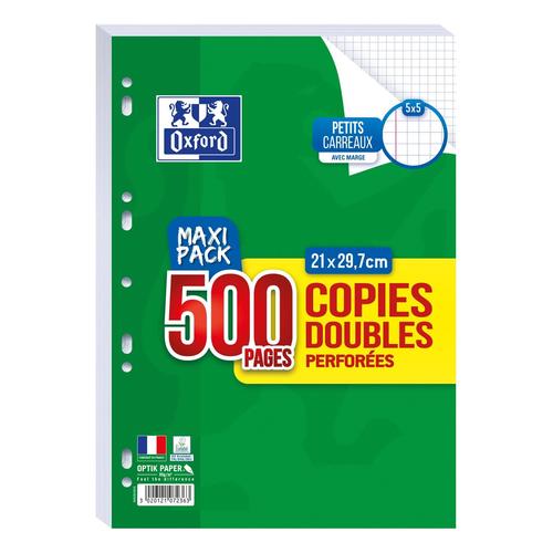 Oxford Maxi Pack 125 Copies Doubles (500 Pages) Perforées A4 Quadrillé 5x5 Avec Marge
