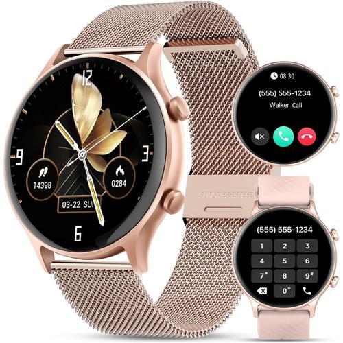 Montre Connectée Femme: Cadeau Femme Smartwatch Ronde 2 Bracelet Milanais, 123 Modes Sport Podometre, Moniteur Fréquence Cardiaque/Oxymètres/Tension, Tracker D'activité Étanche Ios/Android