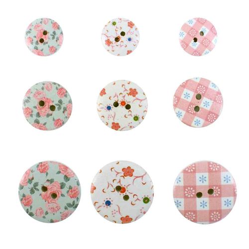 Boutons En Bois Blanc Fleurs Vichy 1,5 À 2,5 Cm 9 Pièces