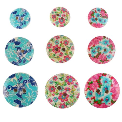 Boutons En Bois Impression Fleurs A 1,5 À 2,5 Cm 9 Pièces