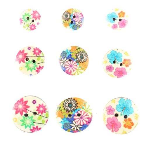 Boutons En Bois Impression Fleurs B 1,5 À 2,5 Cm 9 Pièces
