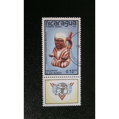 Timbre Nicaragua ( Yt Pa 1253 ) 1988 Homme À Genoux En Céramique Mochica