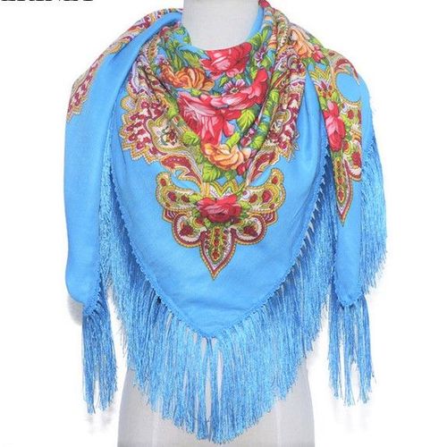 Grand Foulard Russe Fleurs Châle De Russie Tissu Laine Traditionnel Franges Folk Écharpe Étole Cadeau Idéal Carré 120 Cm X 120 Cm Turquoise Fleuris Zhostovo