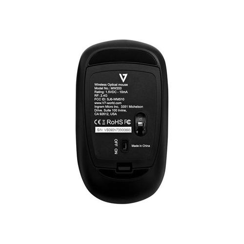 V7 MW200-1E - Souris - droitiers et gauchers - optique - 4 boutons - sans fil - 2.4 GHz - récepteur sans fil USB - noir