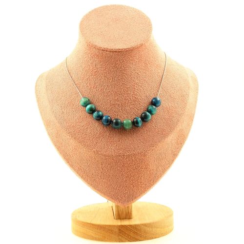 Collier 10 Perles Oeil De Tigre Bleu Clair 8 Mm. Chaine En Acier Collier Femmes, Hommes. Taille Personnalisable.