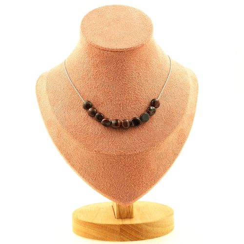 Collier 10 Perles Oeil De Tigre Rouge Du Brésil. Chaine En Acier Collier Femmes, Hommes. Taille Personnalisable.