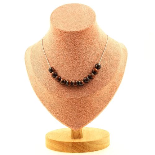 Collier 10 Perles Oeil De Tigre Rouge 8 Mm. Chaine En Acier Inoxydable Collier Femmes, Hommes. Taille Personnalisable.