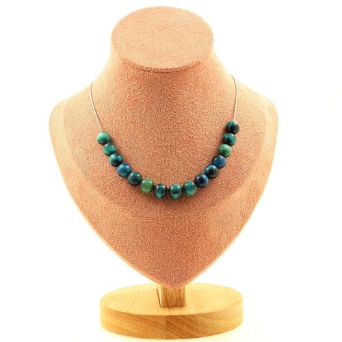 Collier 15 Perles Oeil De Tigre Bleu Clair 8 Mm. Chaine En Acier Collier Femmes, Hommes. Taille Personnalisable.