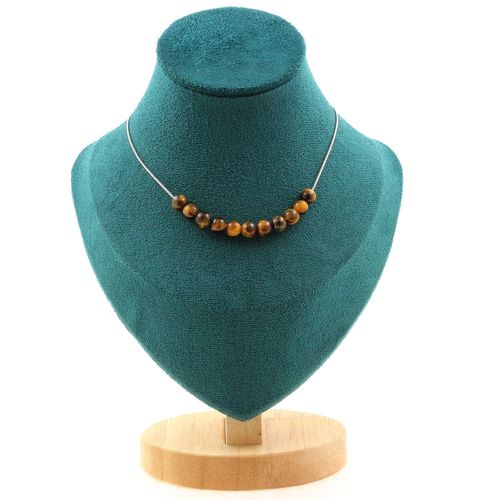 Collier 10 Perles Oeil De Tigre 6 Mm. Chaine En Acier Inoxydable Collier Femmes, Hommes. Taille Personnalisable.