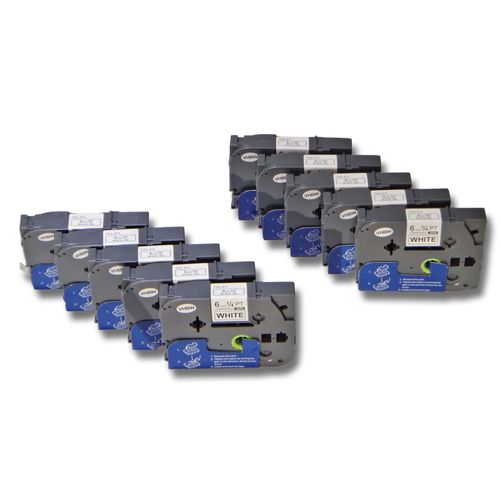 vhbw 10x Rubans compatible avec Brother PT 1200P, 1200, 1090, 1080, 1010, série 1000, série 1000 imprimante d'étiquettes 6mm Noir sur Blanc