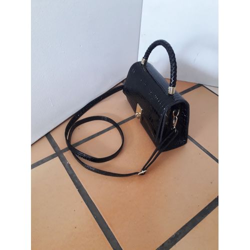 VERNIS NOIR SAC A MAIN BANDOULIERE PETIT CUIR PU STYLE CROCODILE MINAUDIERE MODE TENDANCE JEUNE