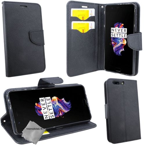 Housse Etui Coque Pochette Portefeuille Pour Oneplus 5t + Film Ecran - Noir / Noir