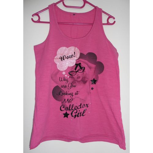 Débardeur Rose Fuchsia. Paillettes. Strass. Pin Up. Coton. 16 Ans