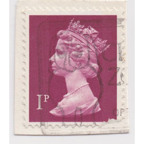 Timbre Royaume Uni : Oblitéré, Profil Gauche De La Reine Elizabeth Sur Fond Rouge Sombre, 1 Penny