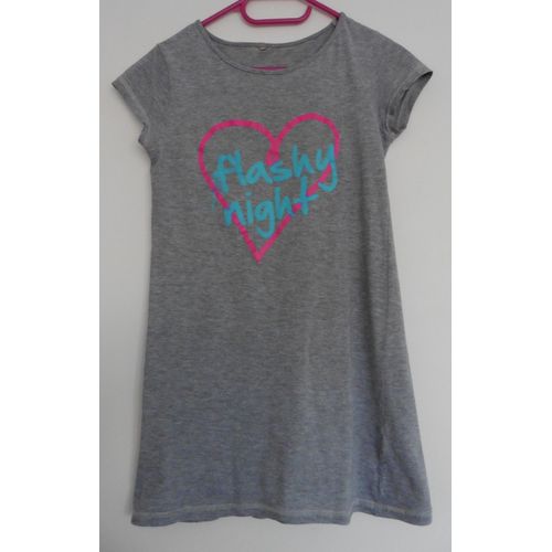 Tunique Gris Chiné. T Shirt. Coeur Rose. Flashy Night. Coton. 12 Ans