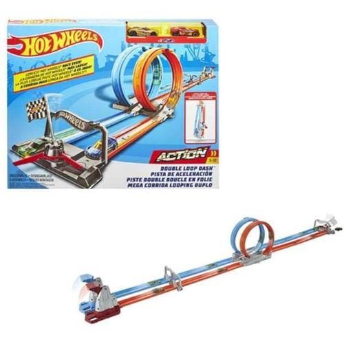 Hot Wheels Double Loop Dash Track Set & 2 Diecast Toy Cars