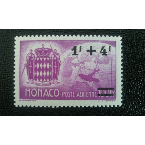 Timbre Monaco ( Yt Pa 12 ) 1945 Armoiries De Monaco, Avion Sur Globe Avec Carte D'europe