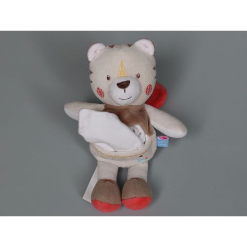 Doudou Tigre Chat Beige Mouchoir Blanc Sucre D'orge