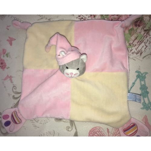 Doudou Peluche Plat Carré Chat Gris Rose Et Blanc Crème Gipsy
