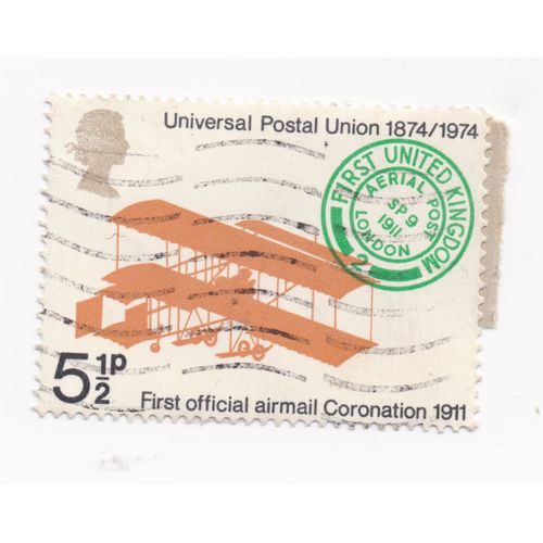 Timbre Royaume Uni : Timbre Oblitéré, Universal Postal Union 1874/1974 ; First Official Airmail Coronation 1911 5 1/2 Pence