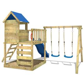 Aire de jeux en bois pour enfant : portique, cabane, balançoire
