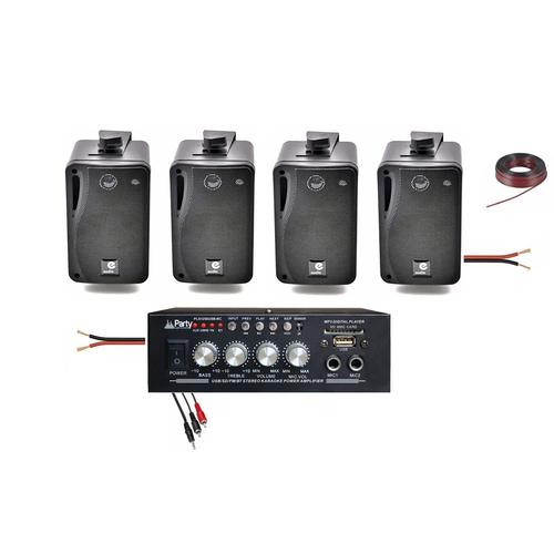 Pack Hifi Ampli Party PLS1250USB-RC Tuner USB Bluetooth - Télécommande - 4 Enceintes E Audio 80W - Restaurant - Commerce - Institut