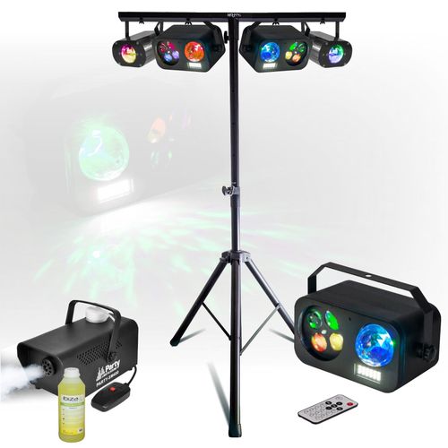 Pack Pied Portique Lumière PARTY LIGHT & SOUND 4 Jeux Lumières Gobos Strobe Astro Machine Fumée 400W Liquide 1L Dj Fête Sono