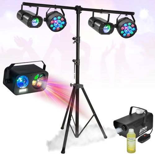 Pack Pied Lumière PARTY LIGHT & SOUND 2 Projecteurs - 2 Effets Waterwave - Jeu Lumière Gobo Astro Strobe - Machine Fumée Liquide 1L