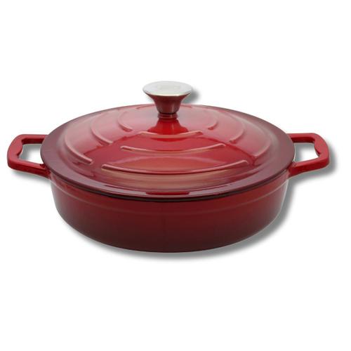 Elo 3082826 Cocotte En Fonte Émaillée Basse Antiadhésive Avec Couvercle, Rouge Cerise, Passe Au Four, Marmite Tous Feux, Faitout Induction 28 Cm 3l