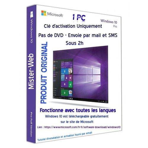 Code Activation De Windows 10 Pro 32-64 Bits Uniquement La Clé Pas De Cd Envoie Par Mail Et Sms