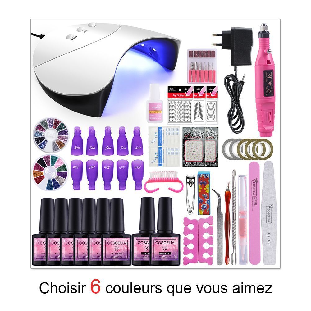 Coscelia Kit (6 Couleurs) Vernis Semi Permanent ¿¿ Ongle 36w Uv/Led Lampe Prise Usb Nail Gel Ponceuse Stylo Electrique Machine Strass D¿¿Coration Nail Art Outils D¿¿Butants Manucure