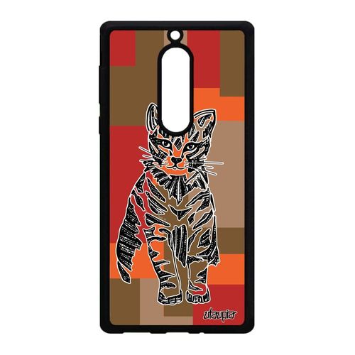 Coque Nokia 5 Silicone Chat Marron Carré Felin Chaton Tribal Housse Azteque Cube