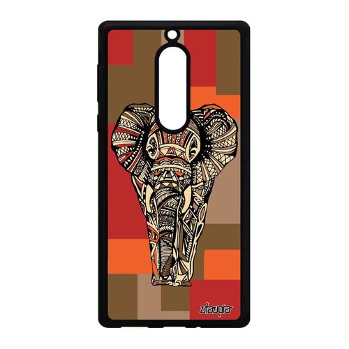 Coque Nokia 5 Silicone Elephant Tribal Dessin Cube Azteque Marron Animaux Metal