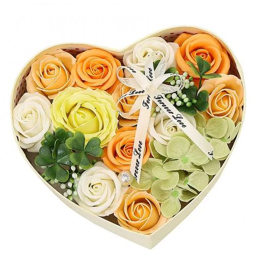 Boîte à fleurs artificielles JAUNE ORANGE en forme de coeur pour toutes occasions, fête des mères, Saint Valentin, cadeau, décoration