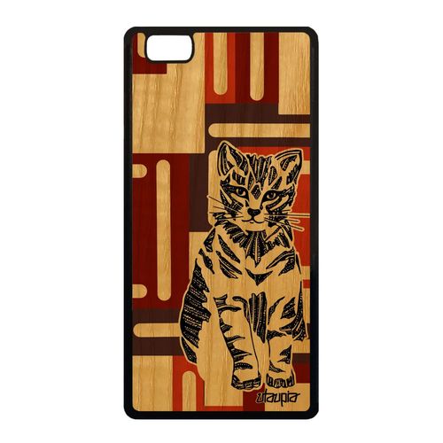 Coque Huawei P8 Lite 2015 Bois Silicone Chat Felin Personnalisé Marron Animaux A
