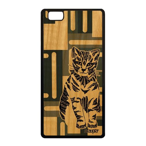 Coque Bois Huawei P8 Lite 2015 Silicone Chat Tribal Mignon Animal Azteque Chaton