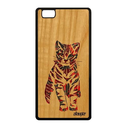 Coque Bois P8 Lite 2015 Silicone Chat Dessin Rouge Tribal Made In France Huawei P8 Lite 2015