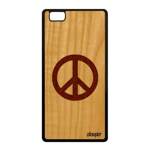 Coque En Bois P8 Lite 2015 Silicone Peace And Love Marron Etui Telephone Huawei P8 Lite 2015