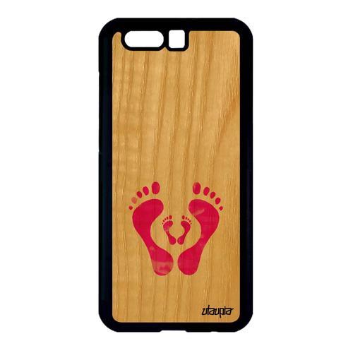 Coque Pour Honor 9 En Bois Silicone Trace De Pas Rose Cadeau De Naissance Housse