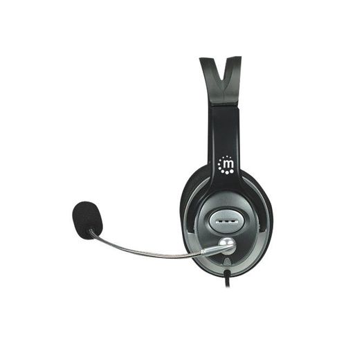Manhattan Stereo Over-Ear Headset (3.5mm), Microphone Boom (padded), Adjustable Steel Headband, In-Line Volume Control, Ear Cushions, Std 2x 3.5mm stereo jack/plug for audio/mic use, cable 2.5m...
